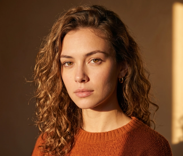 A woman in a black jacket is looking at the camera.